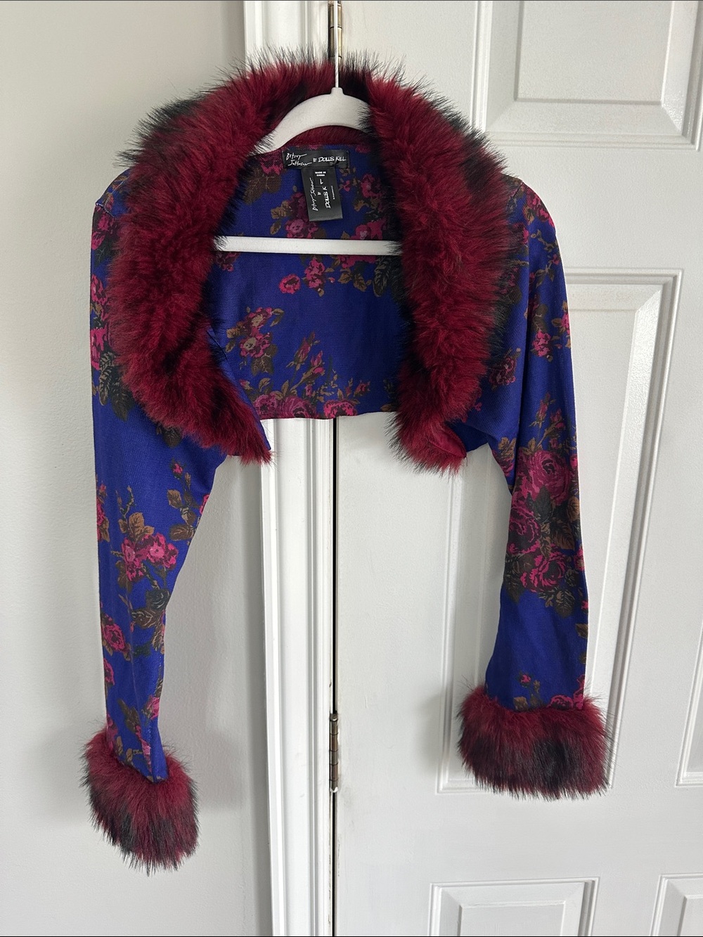 Dolls Kill Royal Blue Floral Bolero with Burgundy Faux Fur Trim